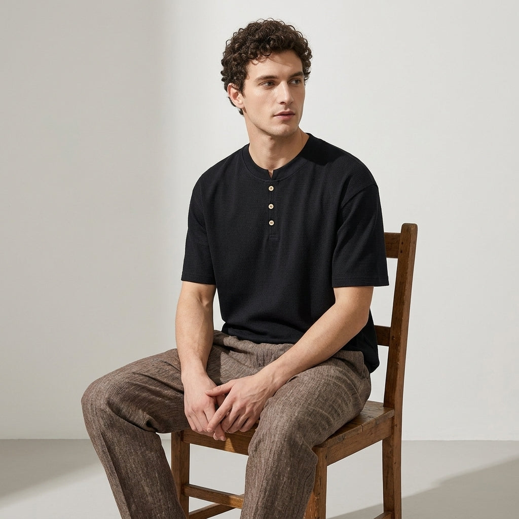 Sicilian Henley Polo T-Shirt in Black