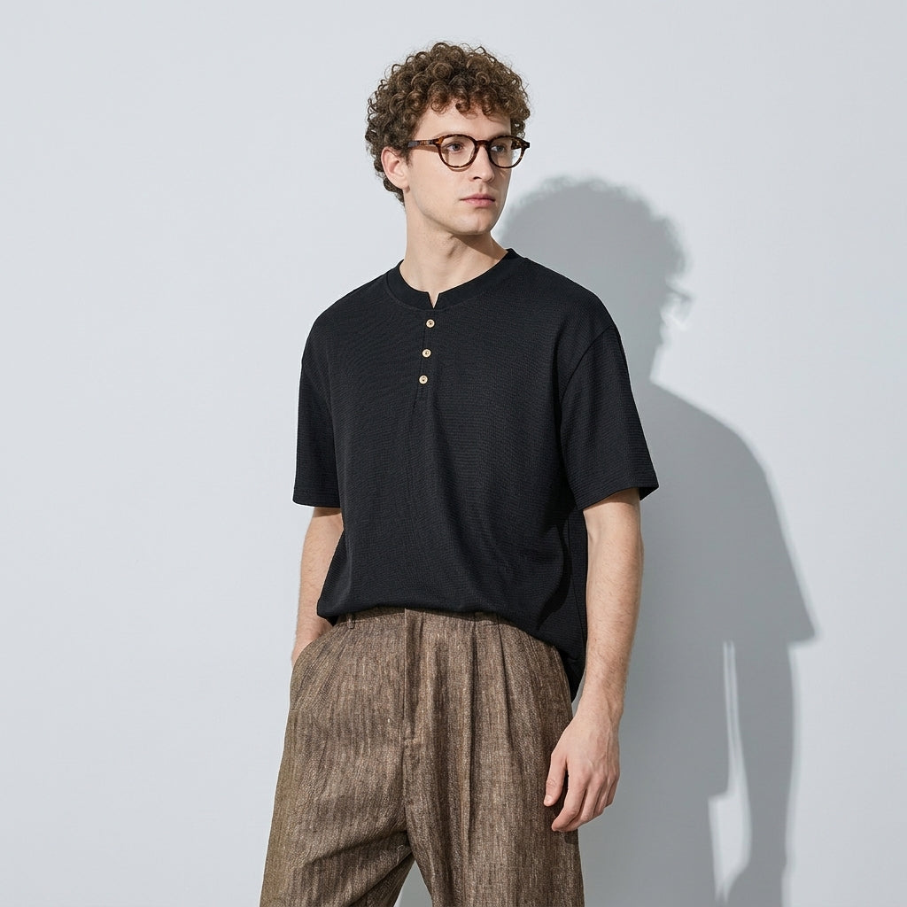 Sicilian Henley Polo T-Shirt in Black