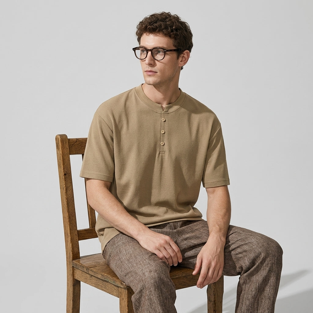 Sicilian Henley Polo T-Shirt in Khaki