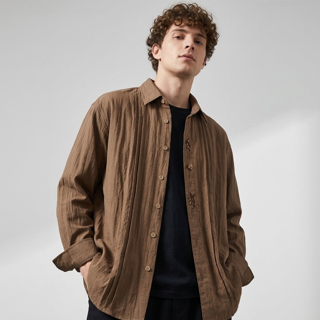 Embroidered Lyocell Tencel Shirt in Coffee