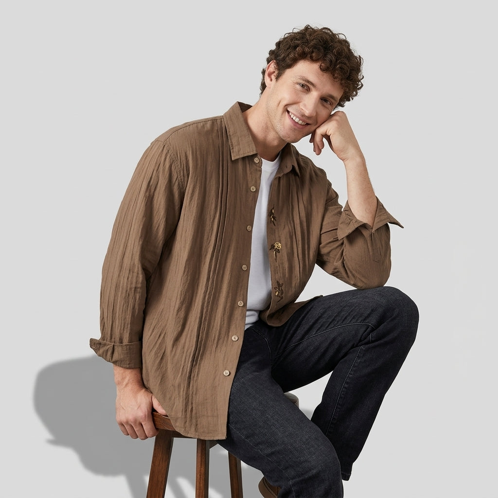 Embroidered Lyocell Tencel Shirt in Coffee