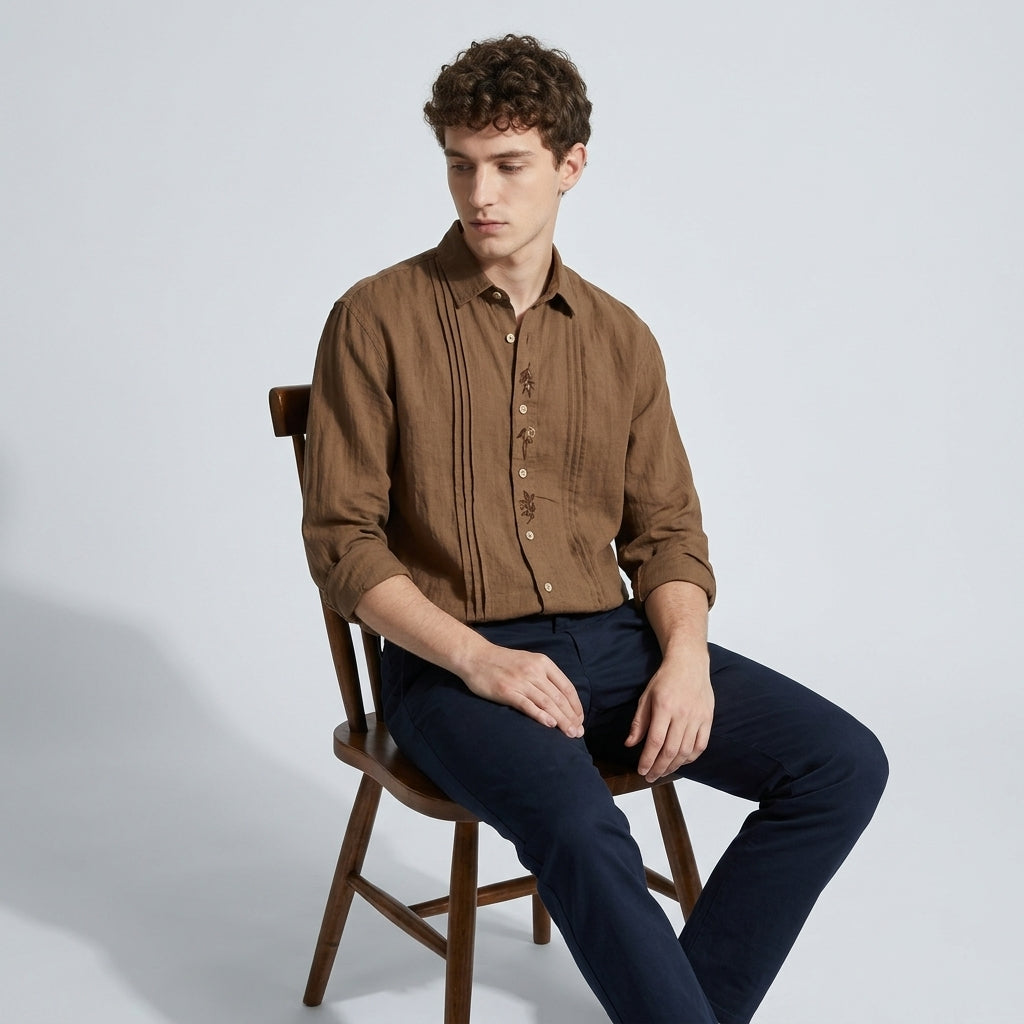 Embroidered Lyocell Tencel Shirt in Coffee