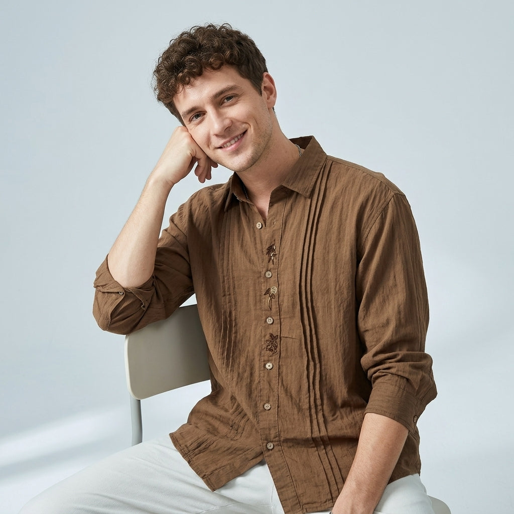 Embroidered Lyocell Tencel Shirt in Coffee