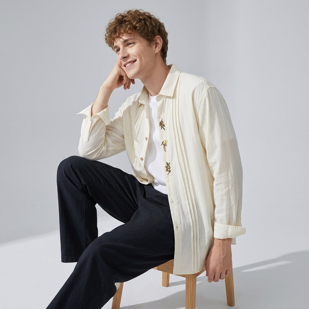 Embroidered Lyocell Tencel Shirt in Ivory