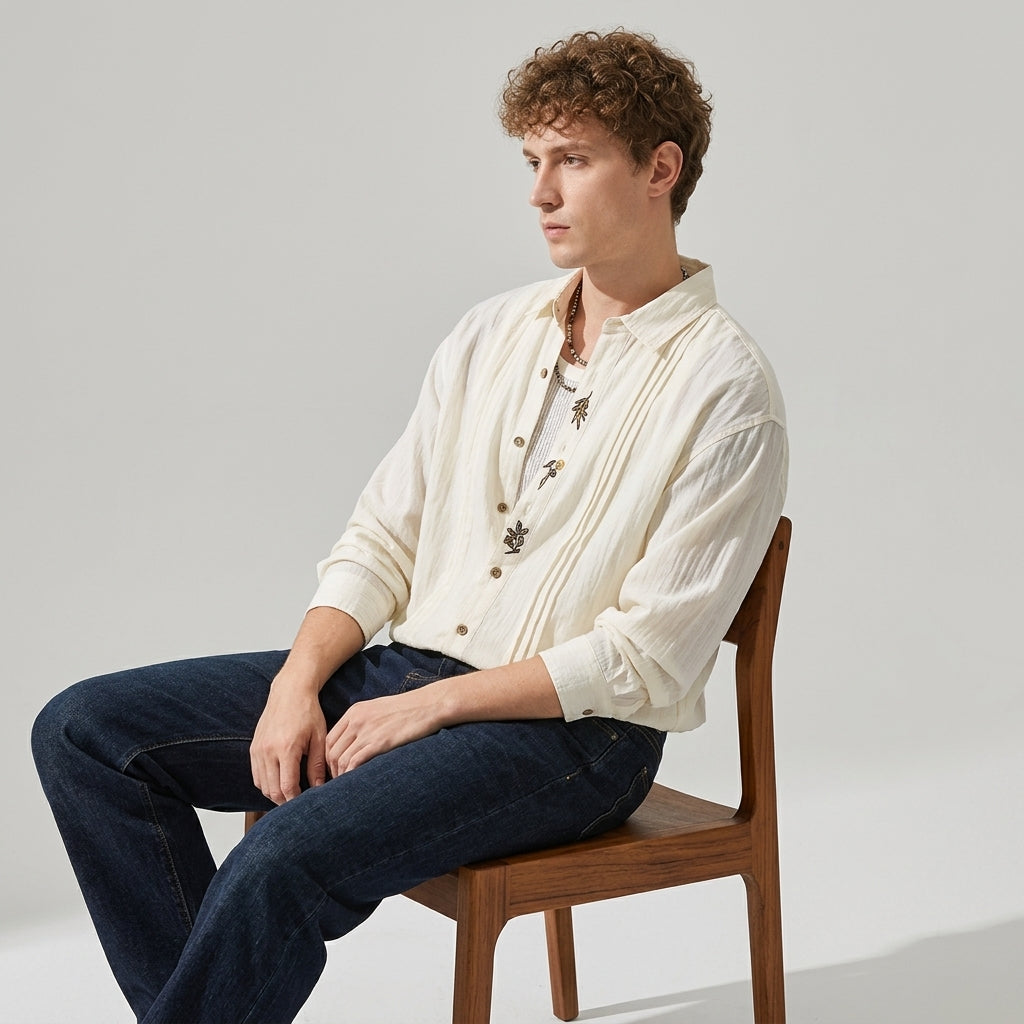 Embroidered Lyocell Tencel Shirt in Ivory