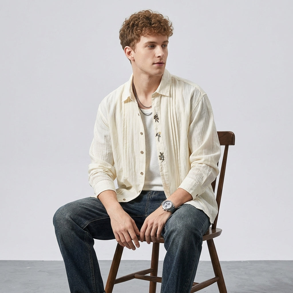 Embroidered Lyocell Tencel Shirt in Ivory
