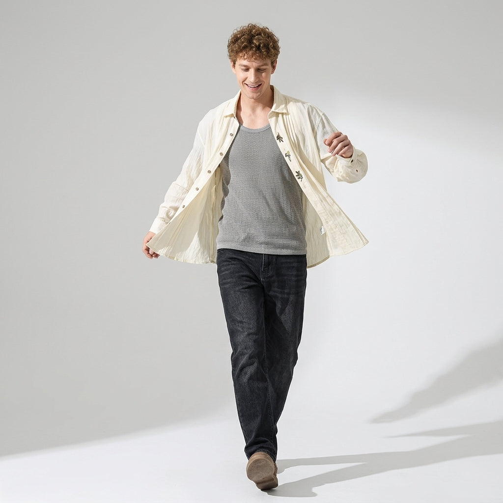Embroidered Lyocell Tencel Shirt in Ivory