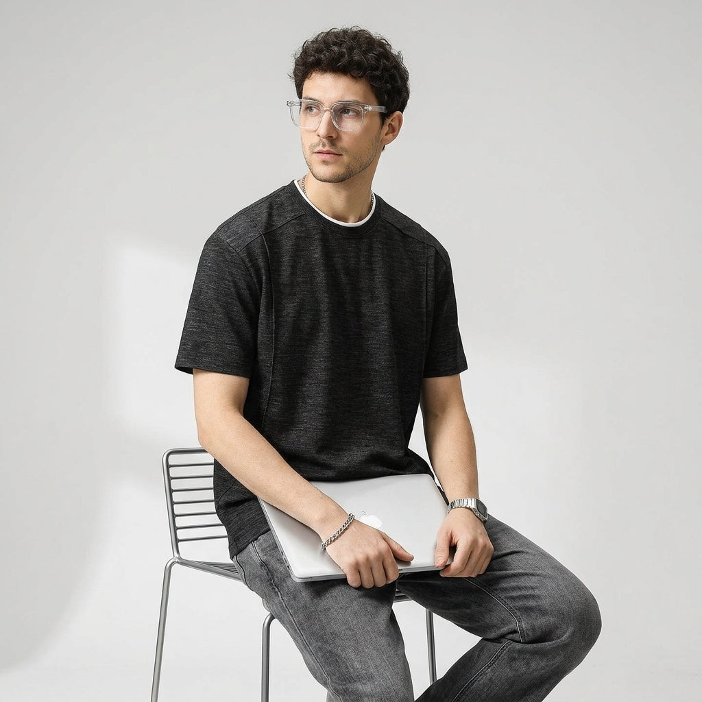 Cotton Panel Tee in Taupe in Charcoal Black