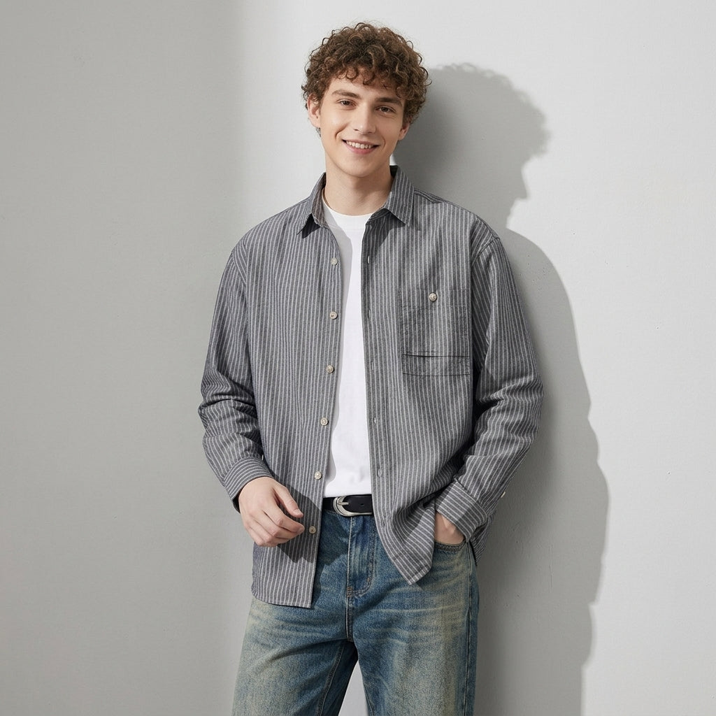 Striped Linen Shirt in Ash Grey
