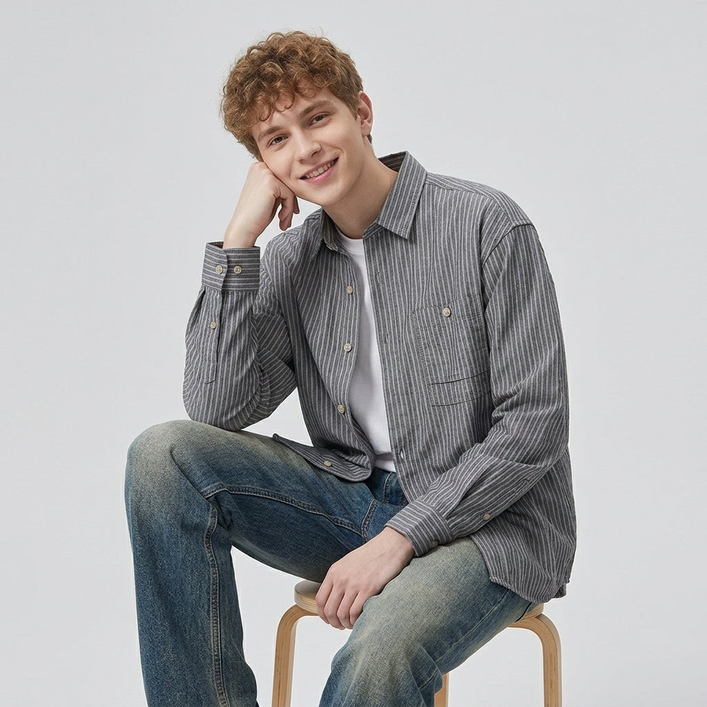 Striped Linen Shirt in Ash Grey