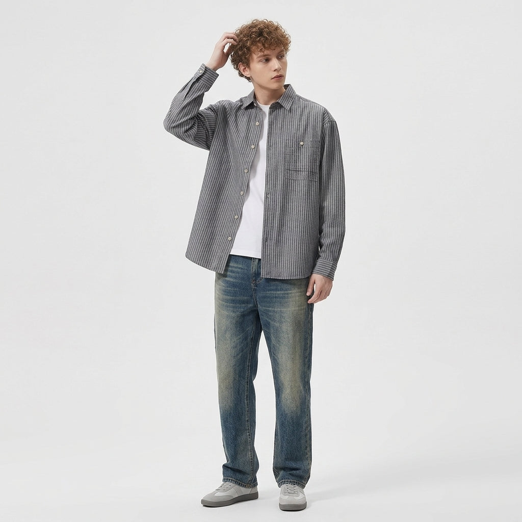 Striped Linen Shirt in Ash Grey