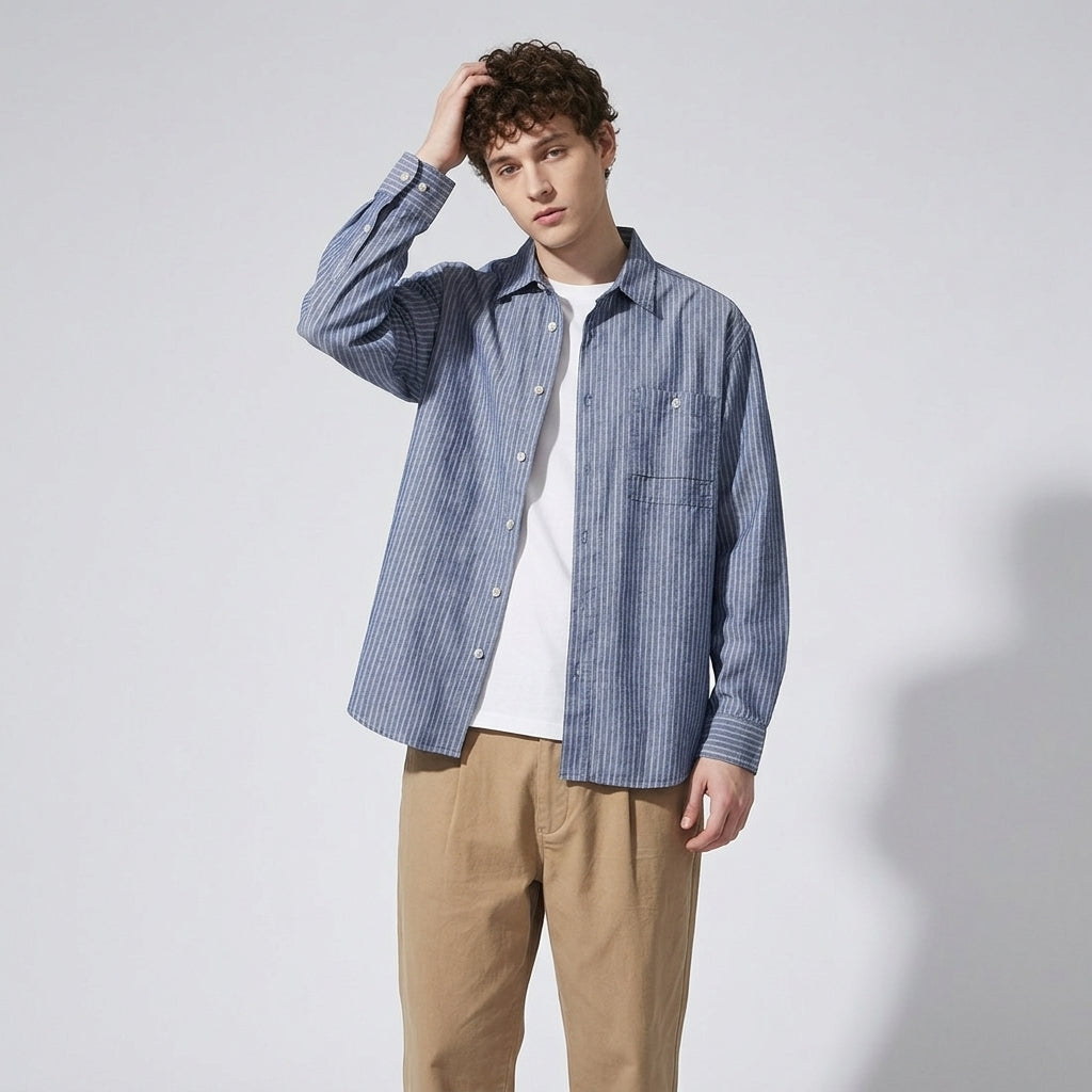Striped Linen Shirt in Navy blue