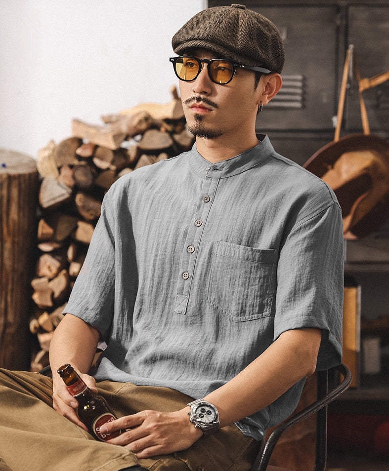 Stand Collar Viscose Smart Casual Grey Shirt