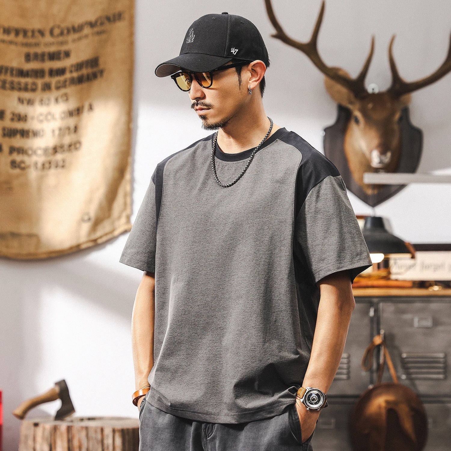 Grey Contrast Panel T-Shirt