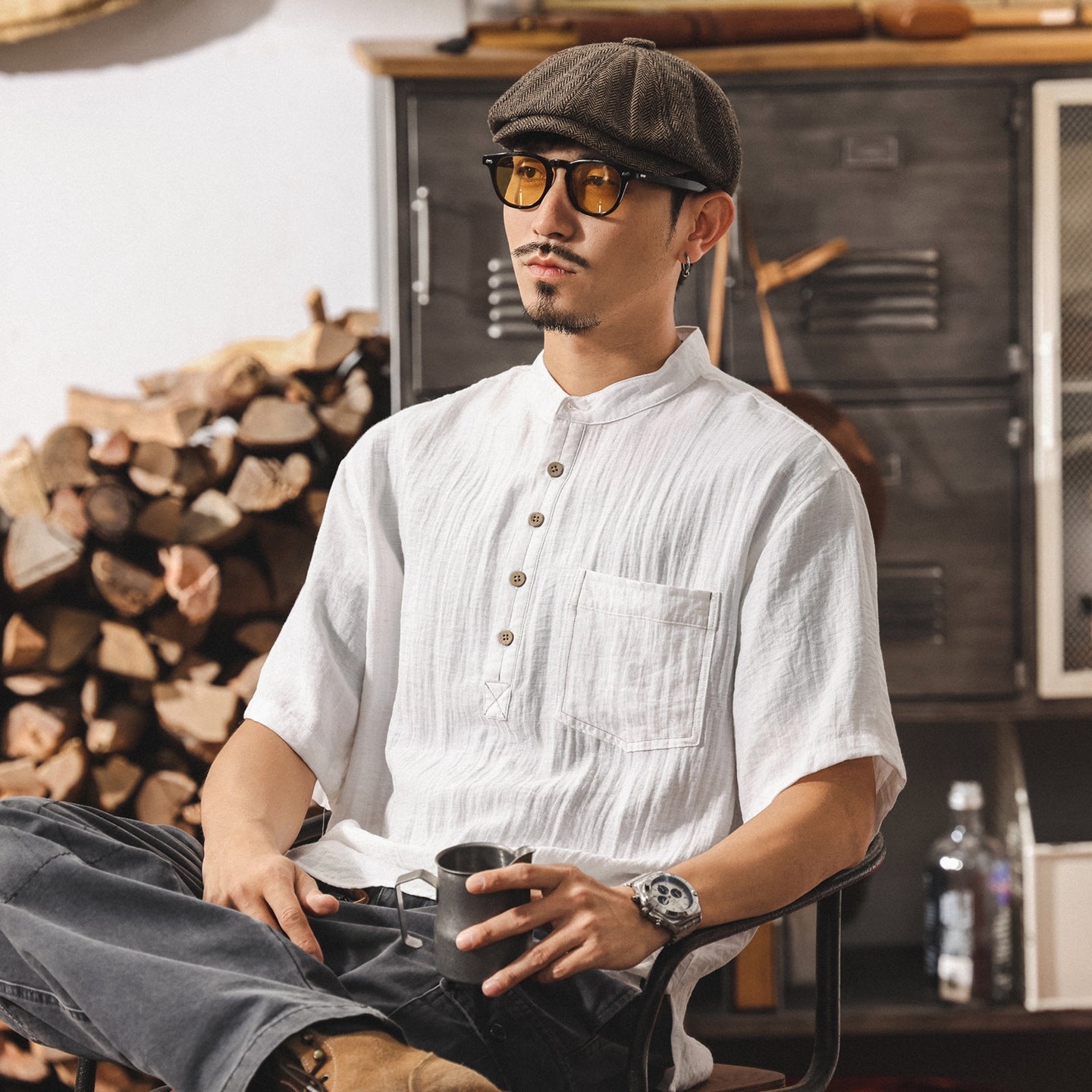 Stand Collar Viscose Smart Casual White Shirt