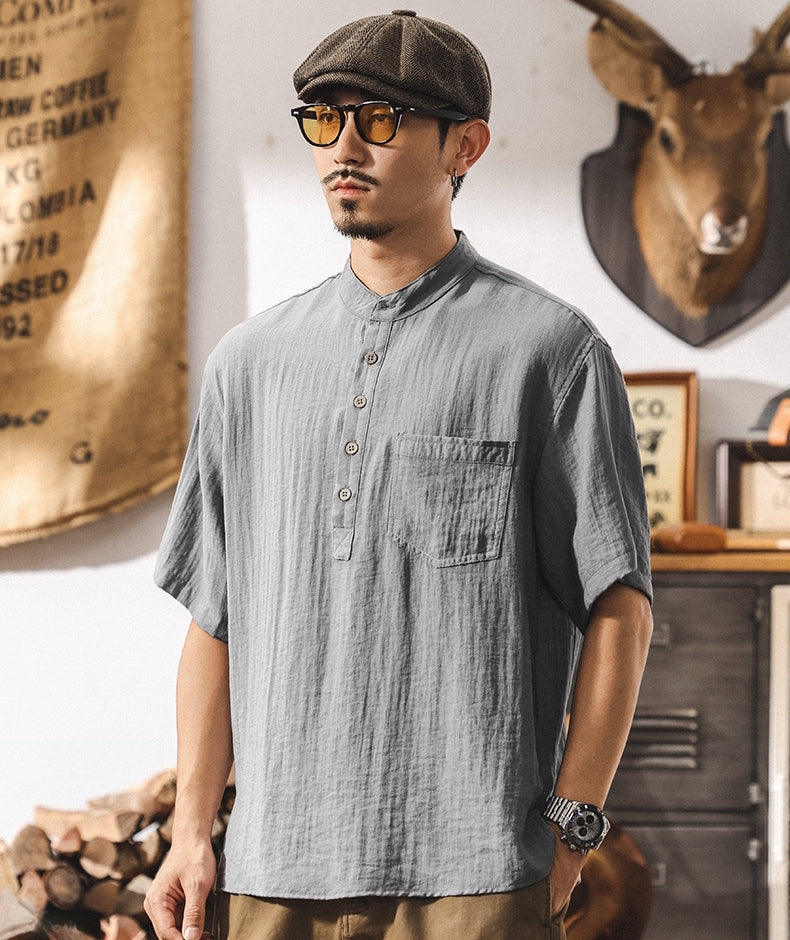 Stand Collar Viscose Smart Casual Grey Shirt