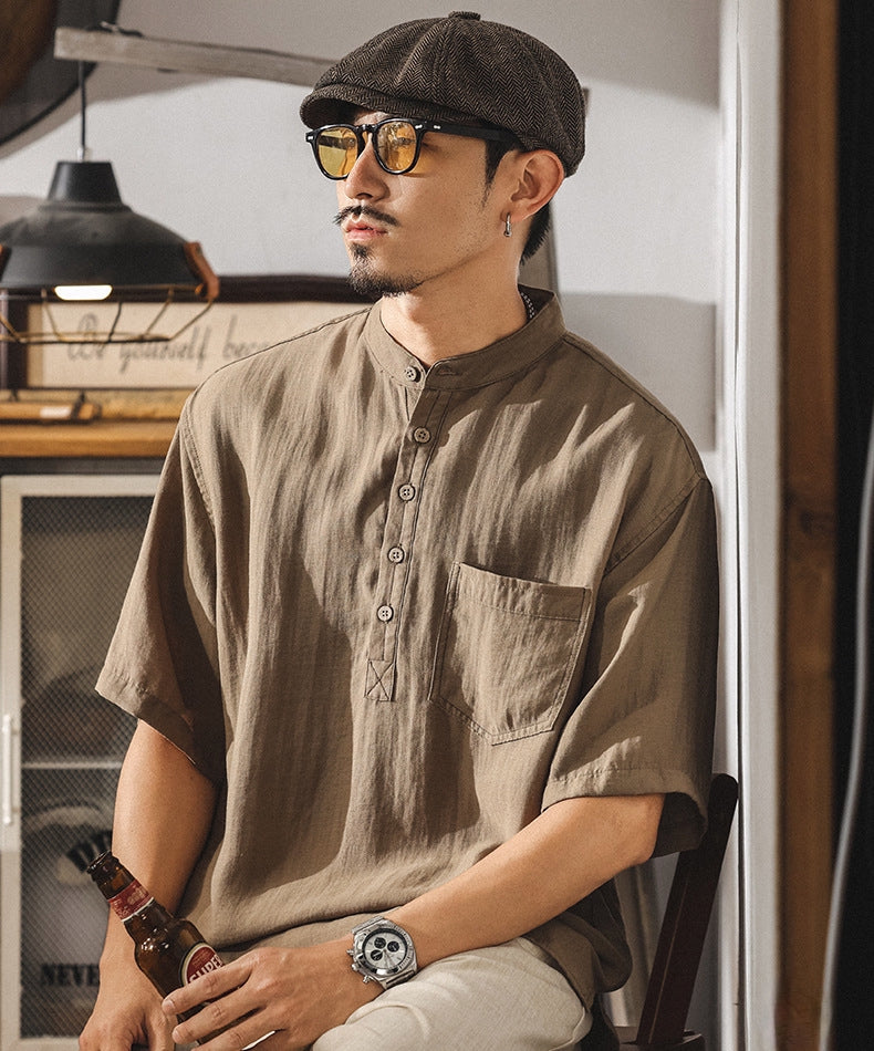 Stand Collar Viscose Smart Casual Khaki Shirt