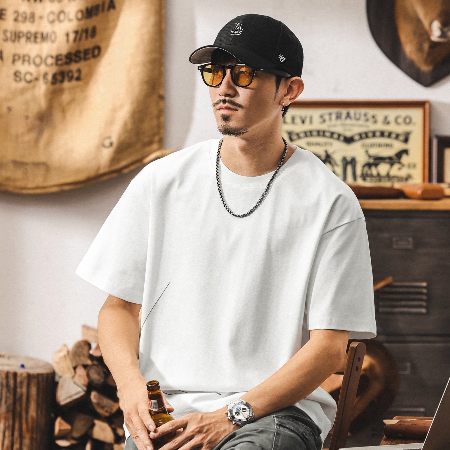 Threadwork Pattern White Dropped Shoulder T-Shirt