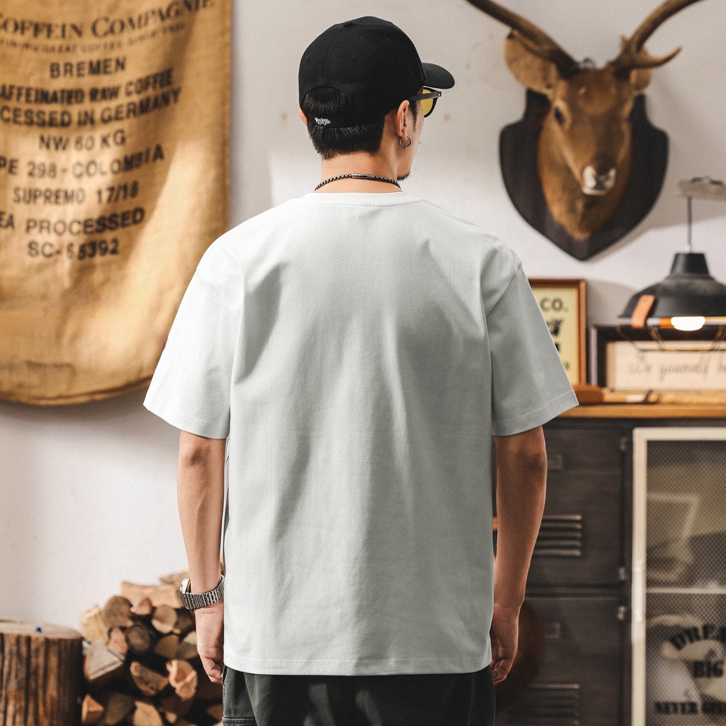 Threadwork Pattern White Dropped Shoulder T-Shirt