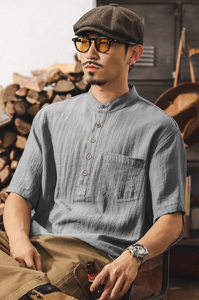 Stand Collar Viscose Smart Casual Grey Shirt