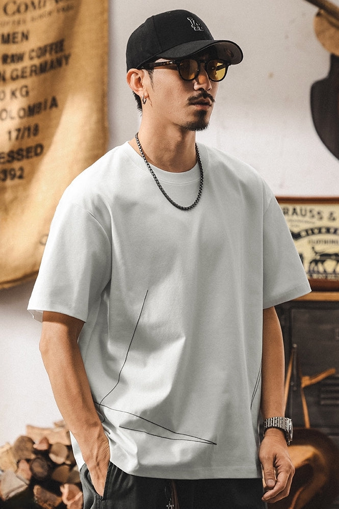 Threadwork Pattern White Dropped Shoulder T-Shirt