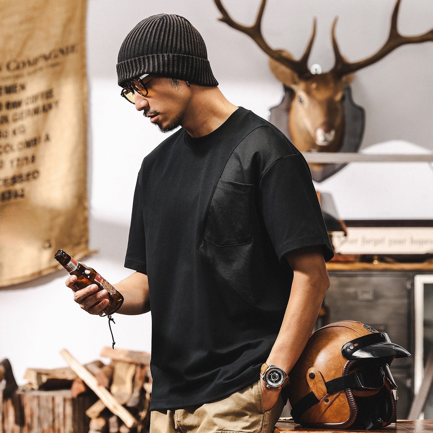 Black Crew Neck Pocket T-Shirt