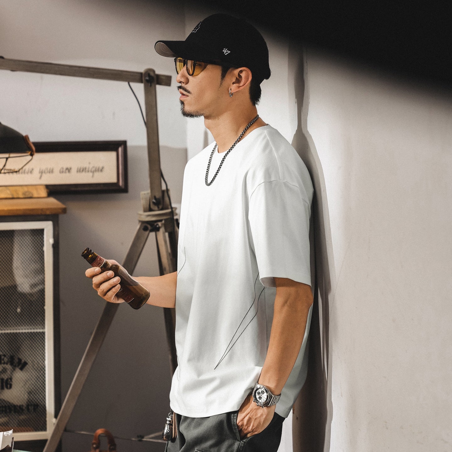 Threadwork Pattern White Dropped Shoulder T-Shirt