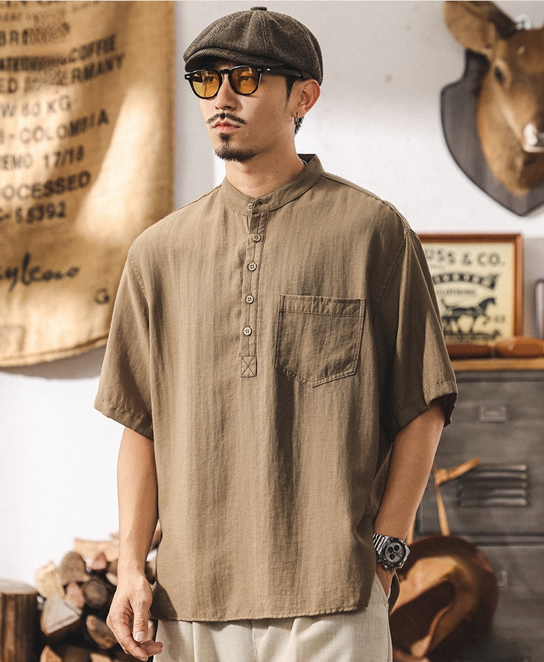 Stand Collar Viscose Smart Casual Khaki Shirt