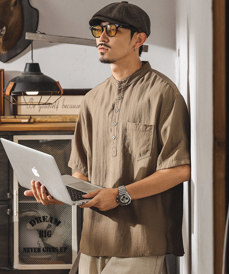 Stand Collar Viscose Smart Casual Khaki Shirt