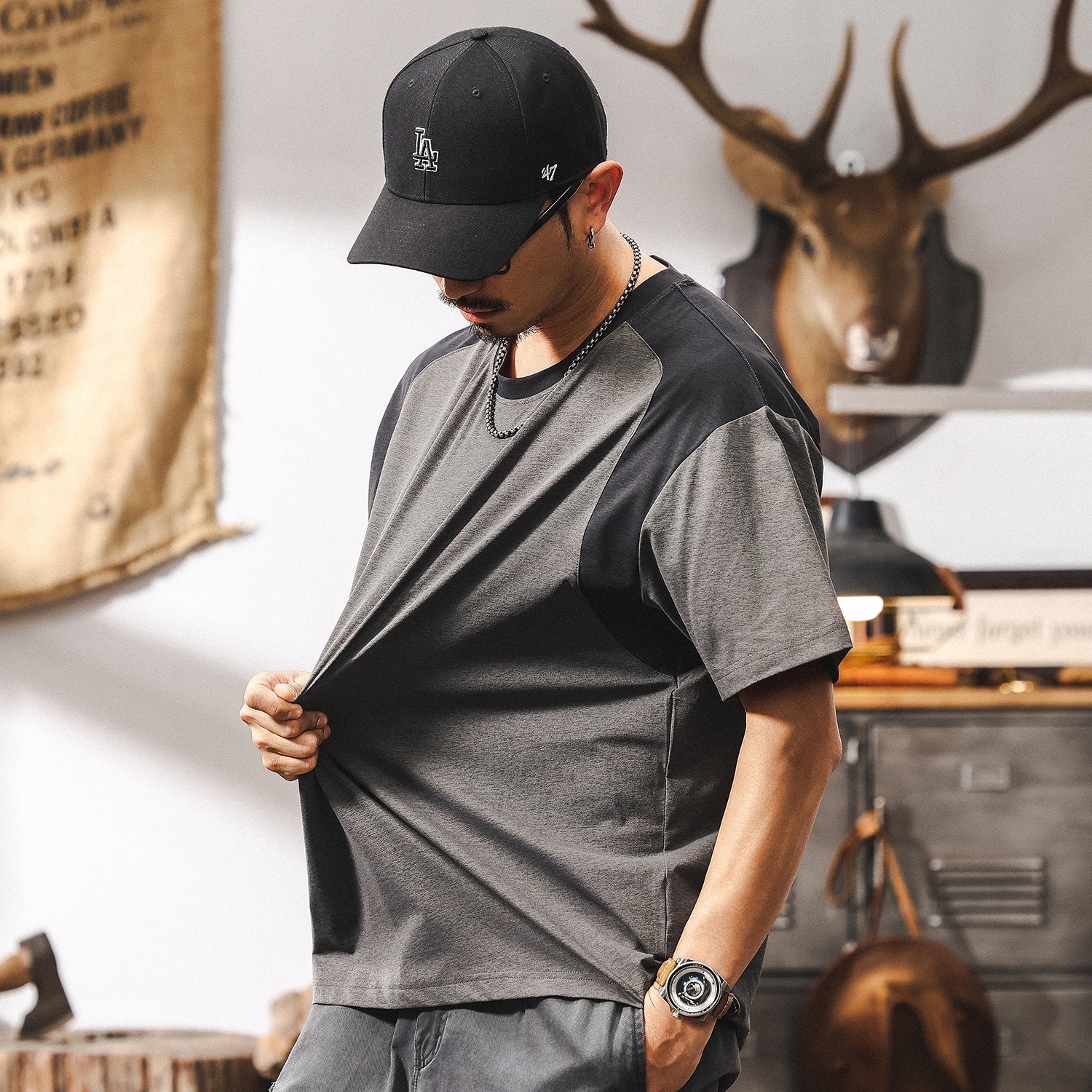 Grey Contrast Panel T-Shirt