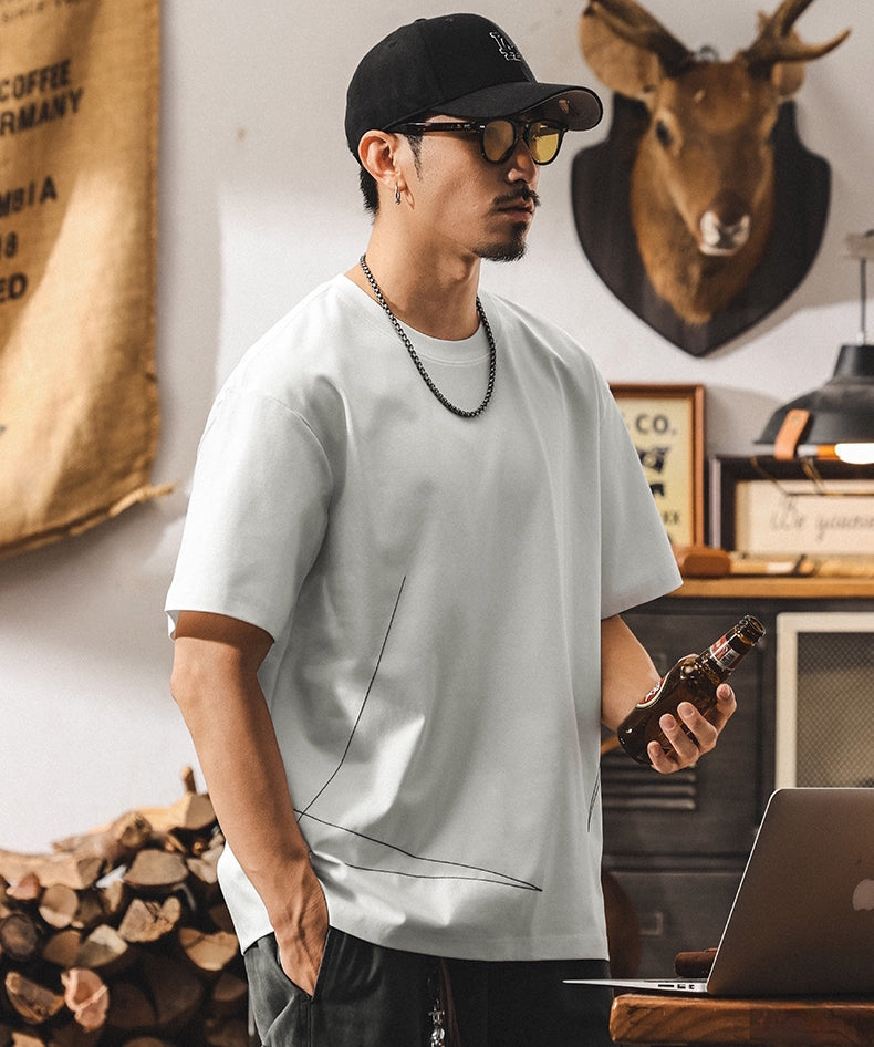 Threadwork Pattern White Dropped Shoulder T-Shirt