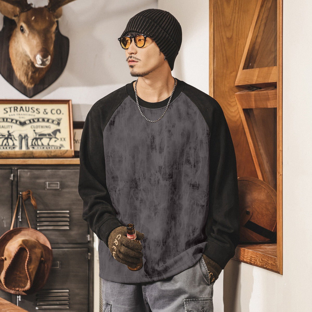 Suede Sweatshirt with Raglan Sleeves