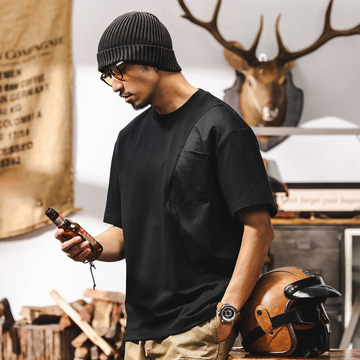 Black Crew Neck Pocket T-Shirt