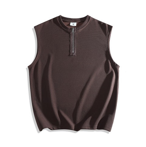 Waffle Grid Zip T-Shirt Vest in Brown