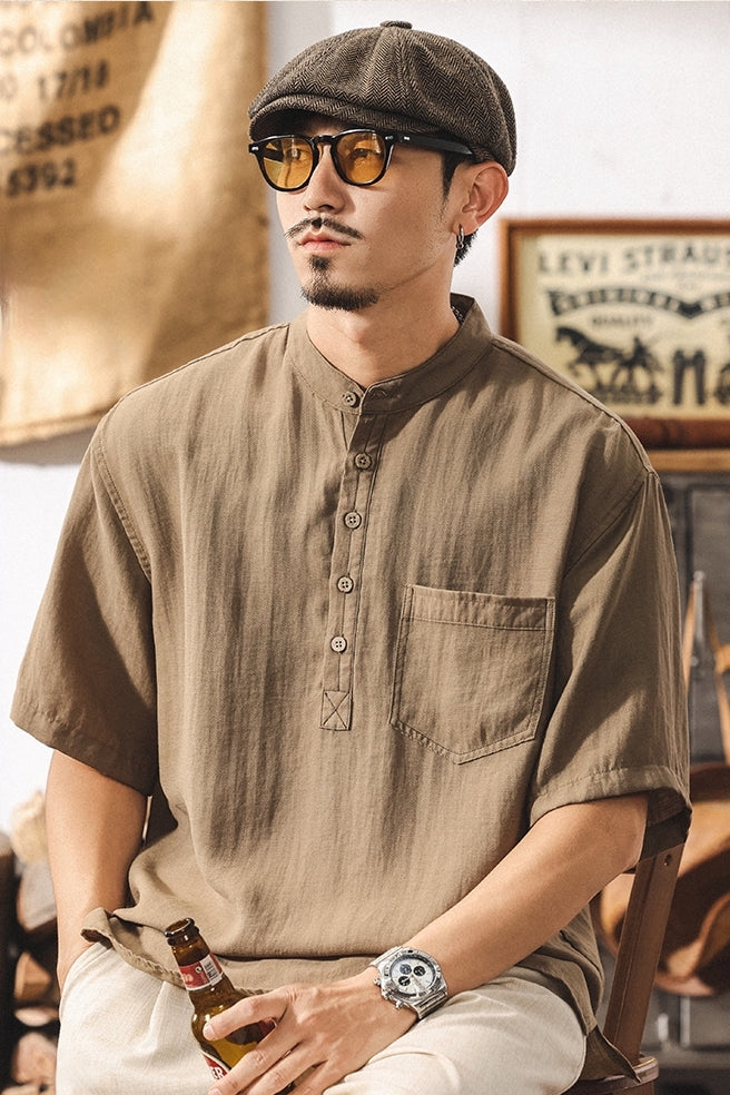 Stand Collar Viscose Smart Casual Khaki Shirt