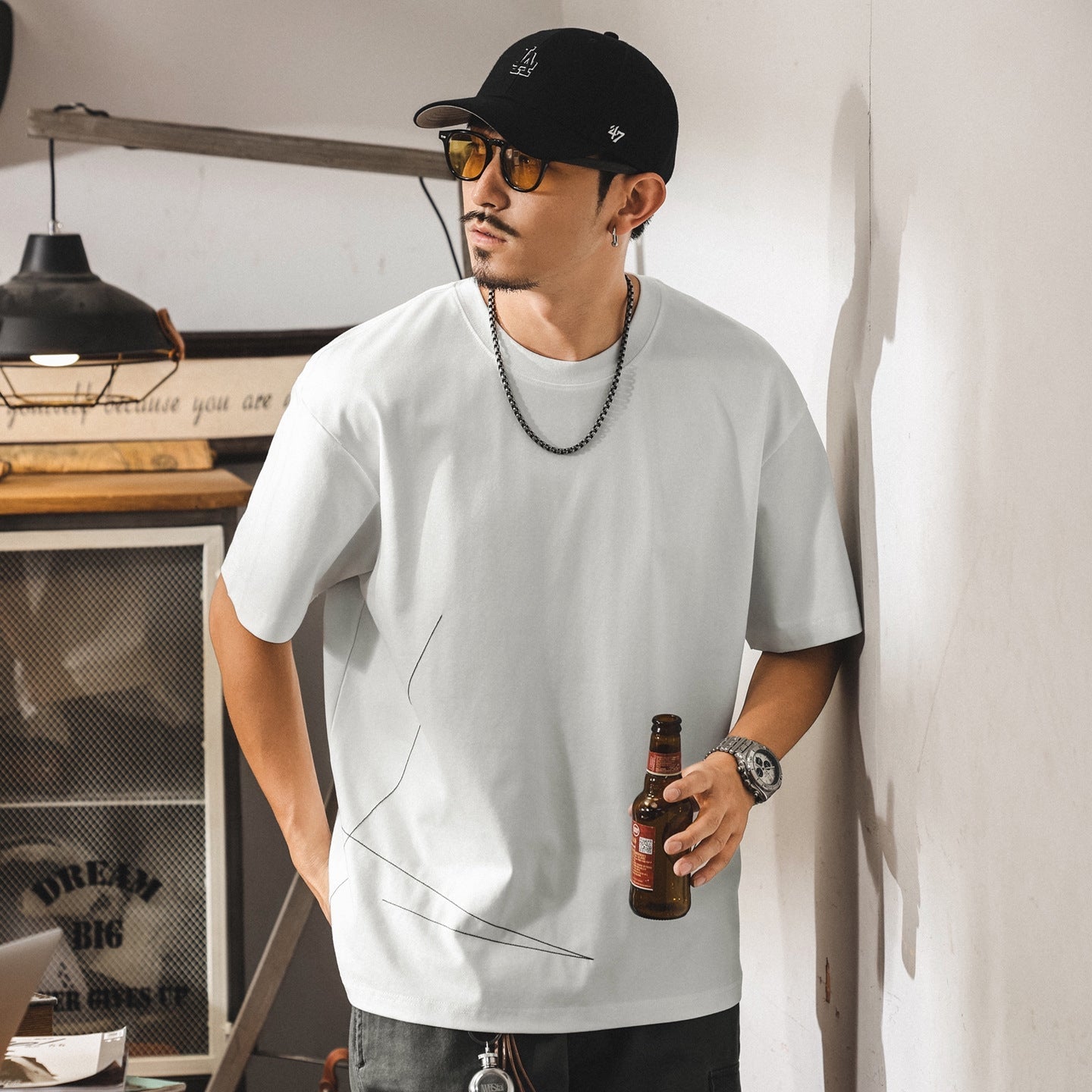 Threadwork Pattern White Dropped Shoulder T-Shirt