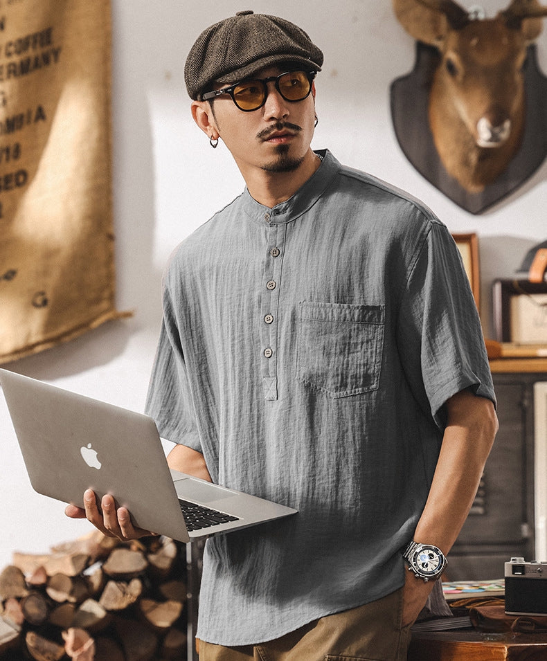 Stand Collar Viscose Smart Casual Grey Shirt