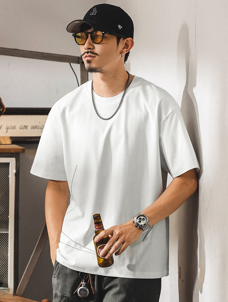 Threadwork Pattern White Dropped Shoulder T-Shirt