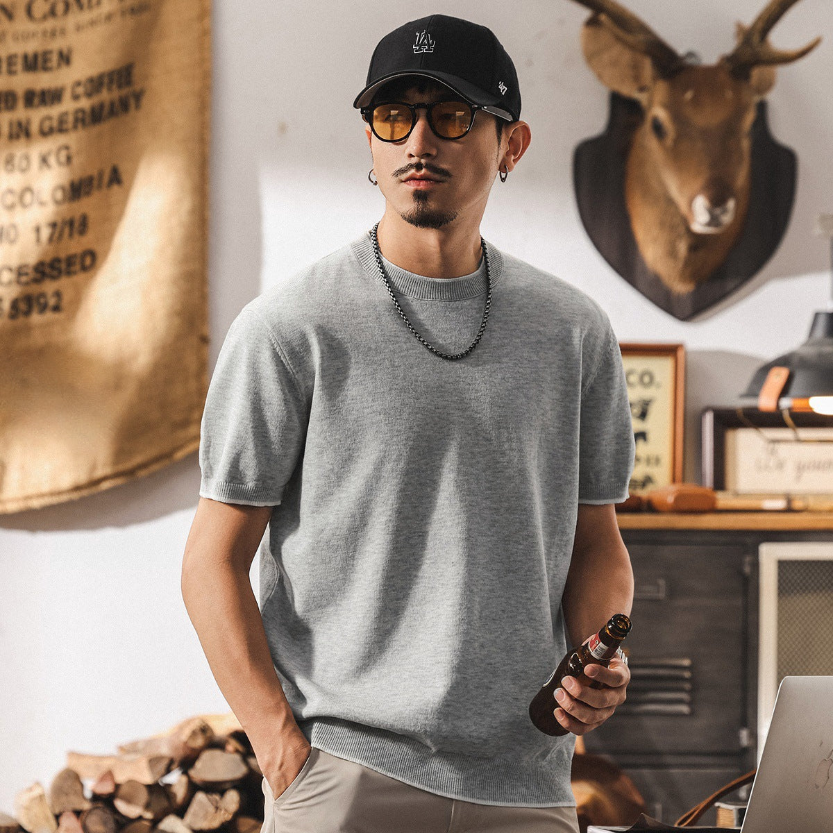 Linen Tencel Light Gray Knit Tee