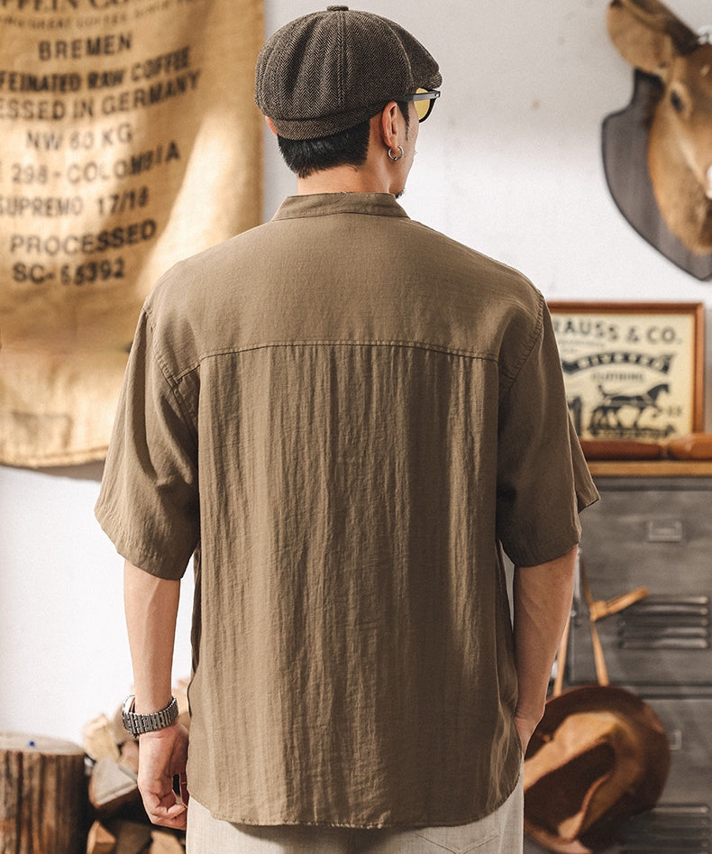 Stand Collar Viscose Smart Casual Khaki Shirt