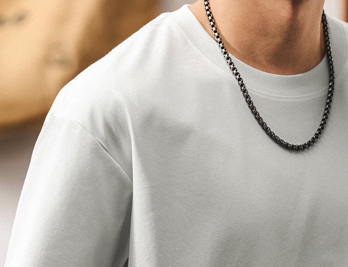 Threadwork Pattern White Dropped Shoulder T-Shirt