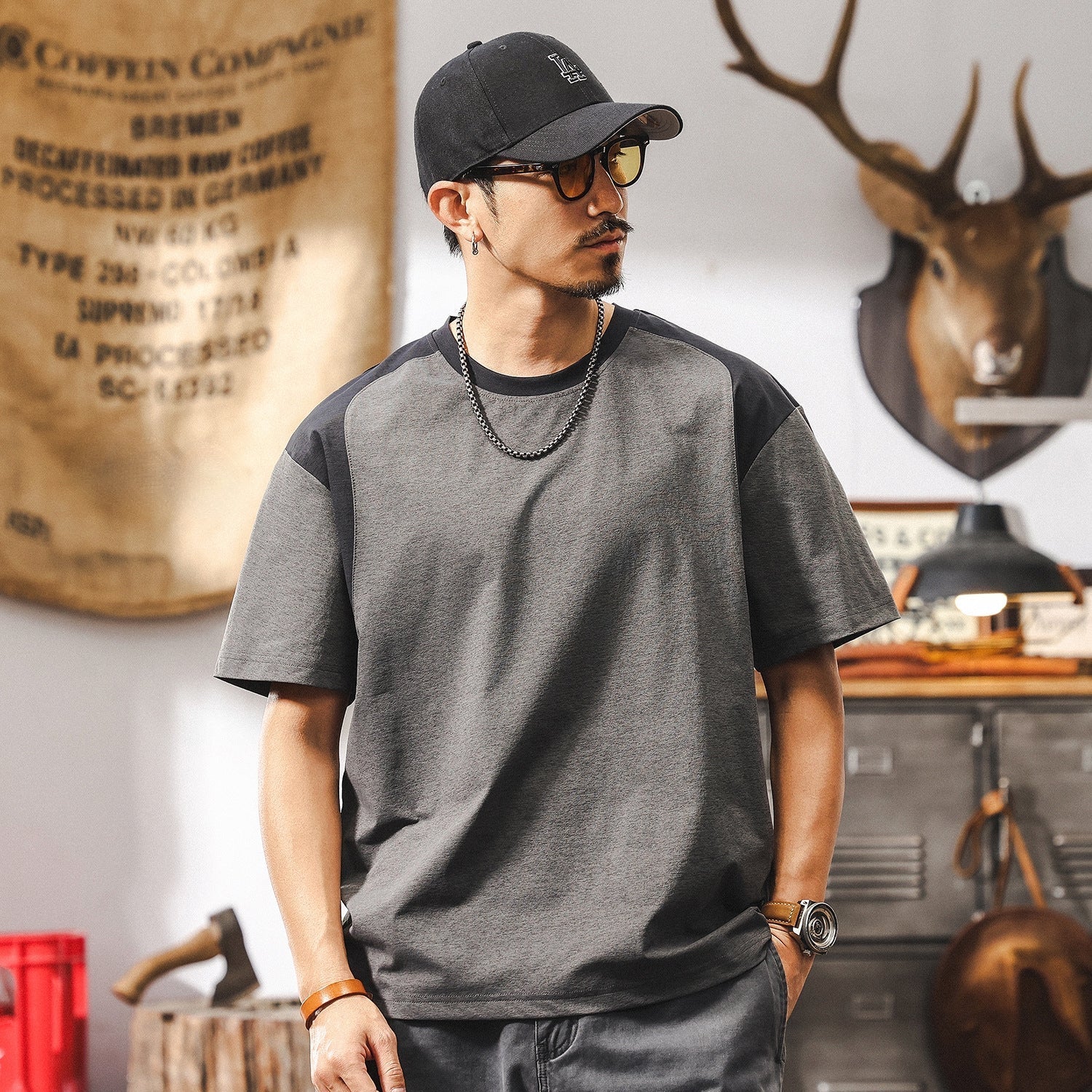 Grey Contrast Panel T-Shirt