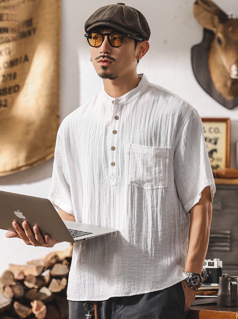 Stand Collar Viscose Smart Casual White Shirt