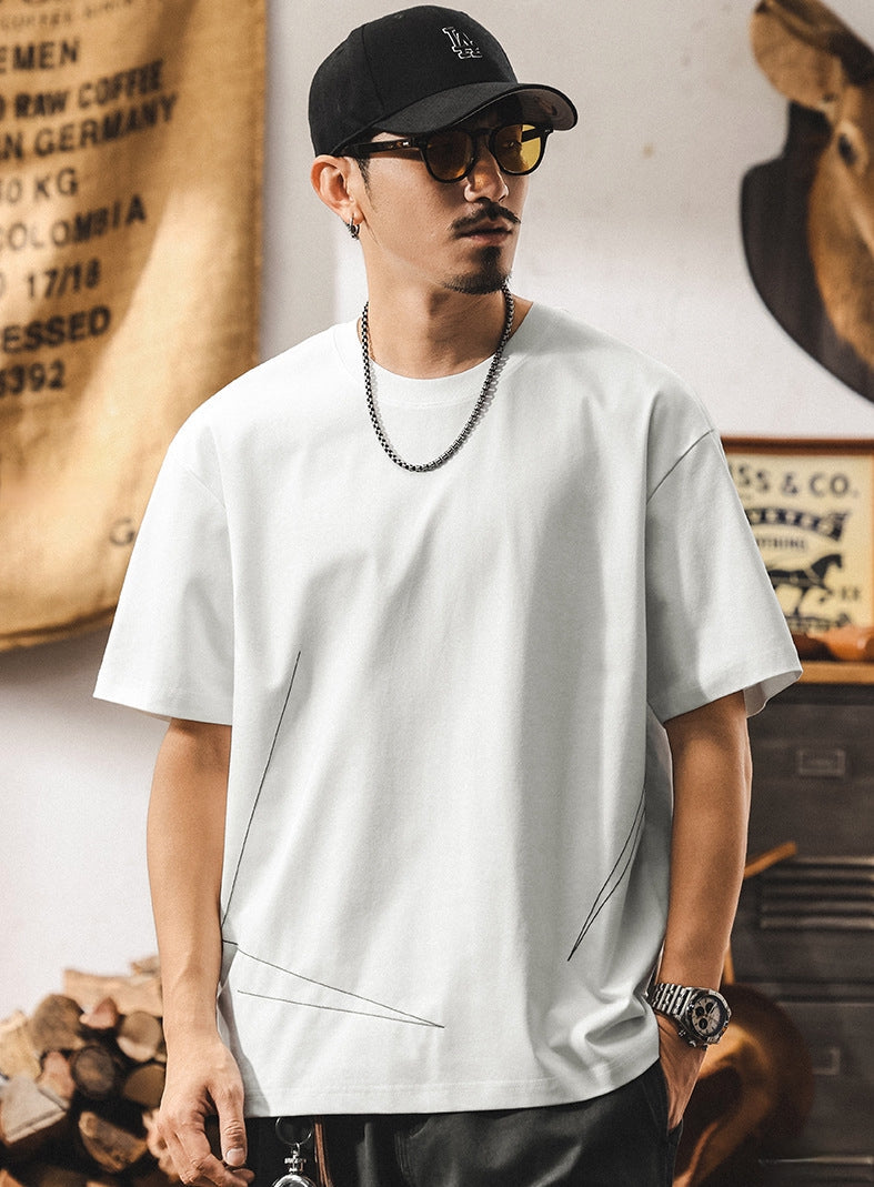 Threadwork Pattern White Dropped Shoulder T-Shirt