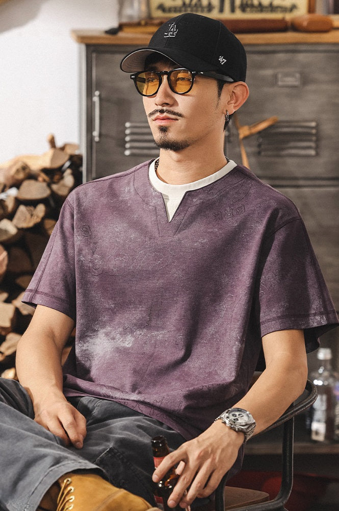 Split Neck Tie-Dye Tee in Dusty Plum Wash