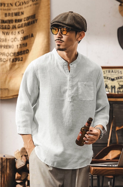Flax Linen Stand Collar Kurta in Ivory White
