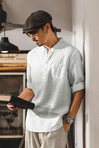 Flax Linen Stand Collar Kurta in Ivory White