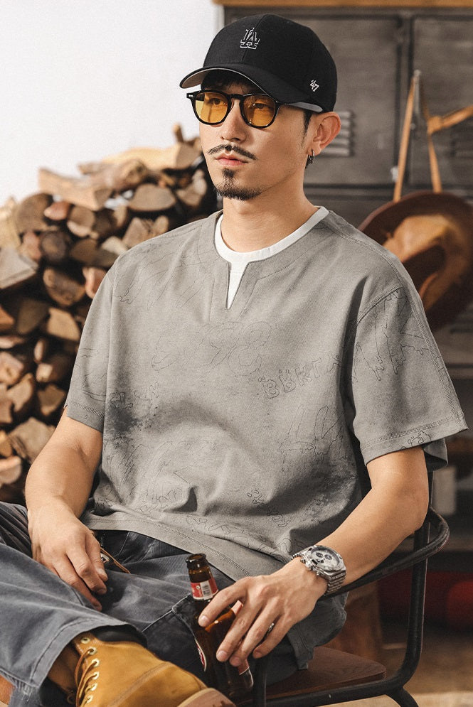 Split Neck Tie-Dye Tee in Classic Blue