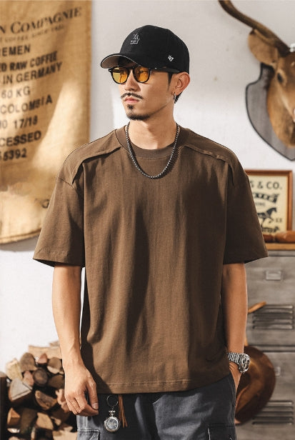 Shoulder Splice Panel Loose Tee in Brown