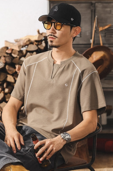 Contrast-Cuff Crew Tee with Designer Seam Detail